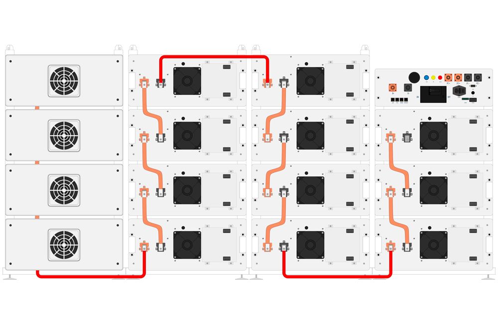 Deye BOS-B система накопления энергии - задняя панель. Видны медные шины B+/B−, коммуникационные кабели CAT5E, блок управления PDU-2-A с LCD-дисплеем.