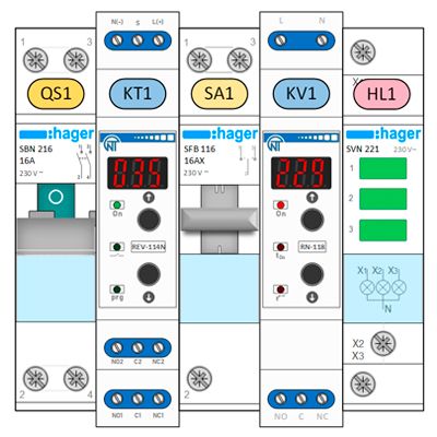 Цветная маркировка электрооборудования в Visio: QS1, KT1, SA1, KV1, HL1 по ГОСТ