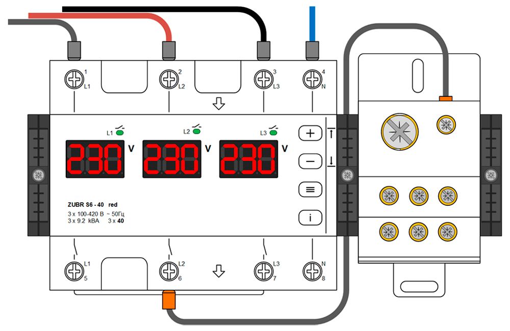 ZUBR S6 переключатель фаз - схема подключения. Провода подключения 3 фазы, крос-модуль Hager KJ02D, ограничитель Hager KWB01.