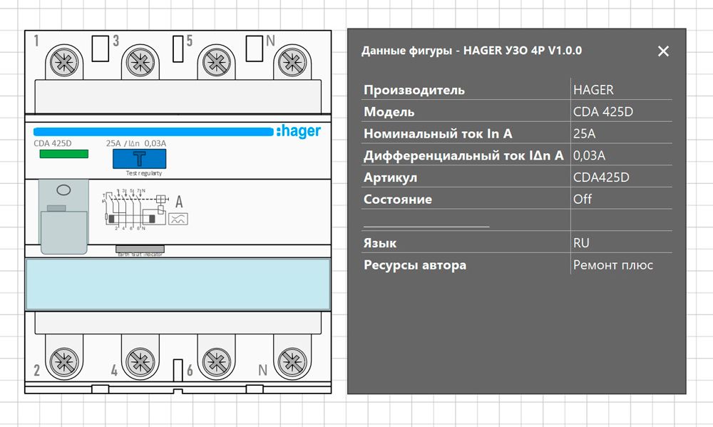 Hager RCD 4P Smart-фигура в Microsoft Visio с данными Smart Data Hager RCD 4P Smart-фигура в Microsoft Visio с данными Smart Data
