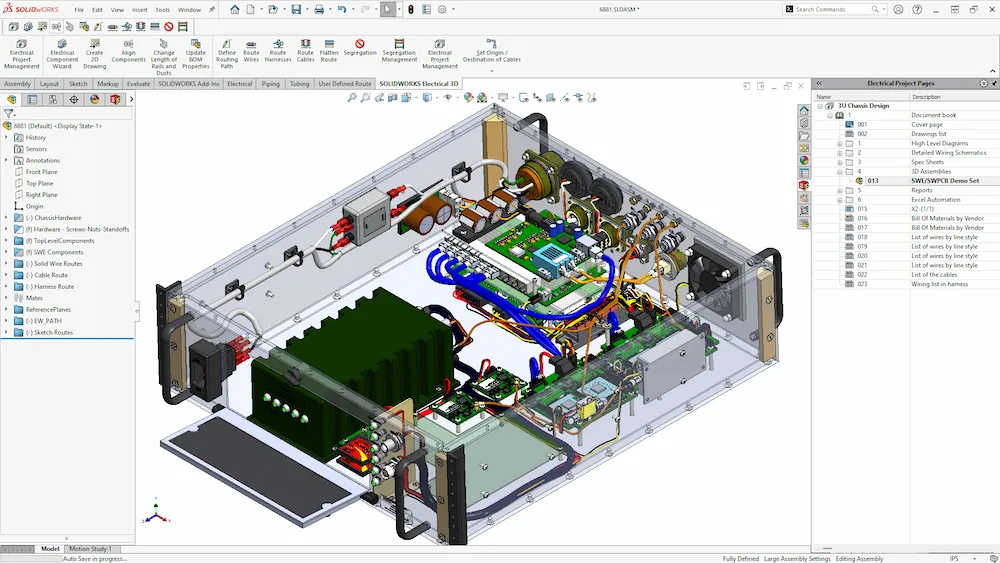 SOLIDWORKS Electrical 3D — 3D-трассировка кабелей и жгутов в сборке 3U Chassis, ECAD+MCAD