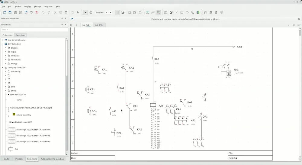 QElectroTech — принципиальная электрическая схема, контакторы KA1/KA2, автомат QF1, ladder diagram