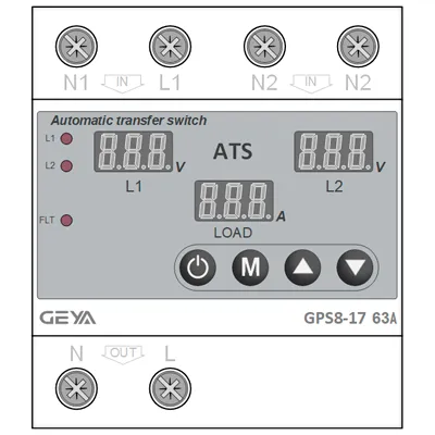 GEYA GPS8-17 63A ATS — Smart-фигура Visio, АВР с дисплеями L1/L2/LOAD, клеммы N1/L1/N2/L2