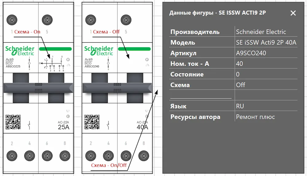 Smart-фигура Visio — Schneider Acti9 SCO 4P: A9SC0225 (25A) и A9SC0240 (40A), схема On/Off Schneider iSSW Acti9 SCO 2P 25A и 40A — Smart-фигура Visio, схема On/Off, панель Smart Data RU